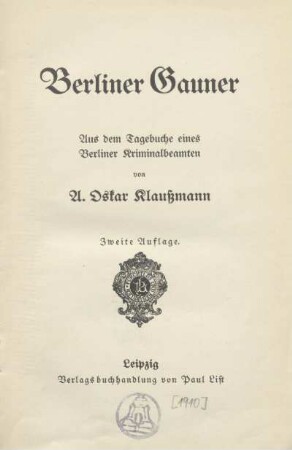 Berliner Gauner : aus dem Tagebuche eines Berliner Kriminalbeamten