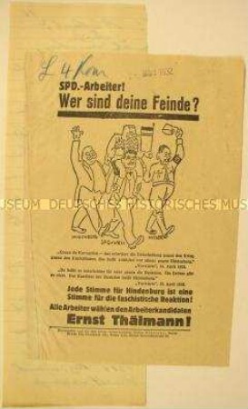 Programmatisches Wahlflugblatt der Kommunistischen Partei Deutschlands mit zwei Zitaten aus dem "Vorwärts" zur Abwerbung von SPD-Wählern und Unterstützung Ernst Thälmanns