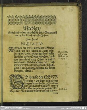Leichenpredigt : Christliche Leich-Predigt. Praefatio. Textus recitatio. Praefatio. Tractatio