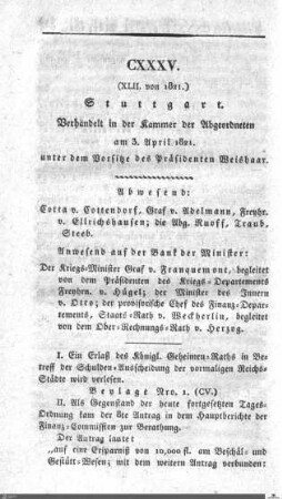 135. Sitzung, Stuttgart, 3.4.1821