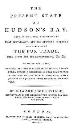 The present state of Hudson's Bay and the Fur Trade