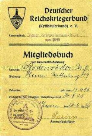 Mitgliedsbuch des Deutschen Reichskriegerbundes (Kyffhäuserbund) von Richard Bodenröder