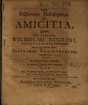 Dissertatio Philosophica De Amicitia