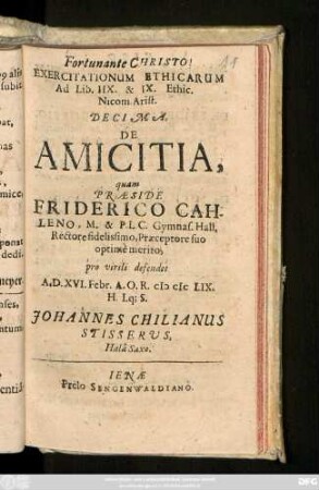 Exercitationum Ethicarum Ad Lib. IIX. & IX. Ethic. Nicom. Arist. Decima, De Amicitia