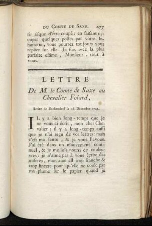 Lettre de M. le Comte de Saxe au Chevalier Folard, Ecrite de Deckendorf le 28. Décembre 1742.