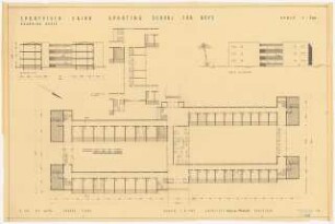 Sportfield Kairo Sporting School for Boys: Boarding House Grundriss Ground Floor, Teil-Grundriss über dem Eingangsbereich für 1st and 2nd Floor, Ansicht South Elevation, Schnitt Section A-B, 1:200