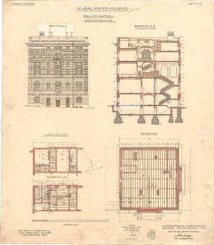 Mellinger, Ludwig von; München; Armeemuseum - Neubau, Kopfbau Süd (Grundriss Zwischengeschoss, Grundriss DG), Ostseite (Ansicht), Querschnitt