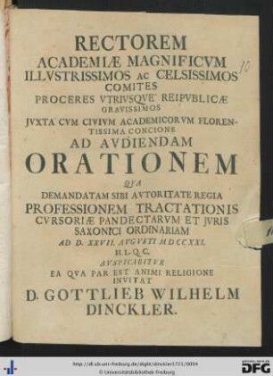 Rectorem academiae magnificum illustrissimos ac celsissimos comites ...