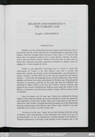Religion And Democracy: The Turkish Case Joseph S. Szyliowicz