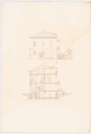 Werke der höheren Baukunst, Darmstadt 1856 Villa in einer Vorstadt (?): Seitenansicht, Querschnitt