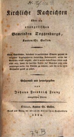 Kirchliche Nachrichten über die evangelischen Gemeinden Toggenburgs Kantons St. Gallen
