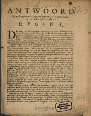 Antwoord Op het soo genaemde Omnutte discours over de Antwoorde op een missive geschreven by een Regent