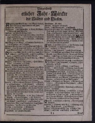 Verzeichniß etlicher Jahr-Märckte der Städte und Flecken.