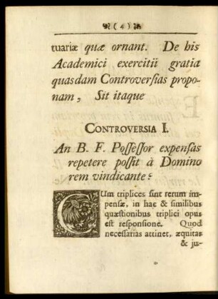 Controversia I. An B. F. Possessor expensas repetere possit à Domino rem vindicante?