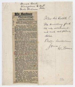 Brief von Wilfried Basse an Hannah Höch. [o. O., o. D.]. Anbei: Zeitungsausschnitt