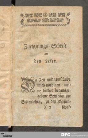Zueignungs-Schrift an den Leser.