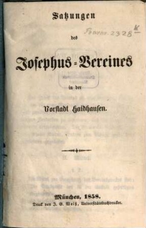 Satzungen des Josephus-Vereines in der Vorstadt Haidhausen