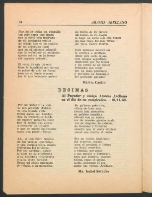 Décimas : Al payador y amigo Aramís Arellano en el día de su cumpleaños. - 10/11/58.
