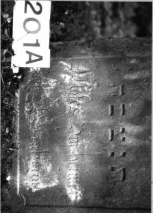 Grabstein 201 (Index: 99803268) Material: Sandstein Zustand: unten leicht verwittert Maße HxBxT: 108x55x10 cm Beschreibung: Stele mit Karniesbogen, profiliertem Rand und Giebelfeld Besonderheit: Endreim: Grabstein 201A