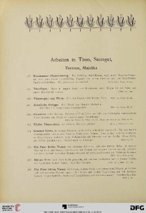 Arbeiten in Thon, Steingut, Fayence, Majolika (Nr. 278-297)