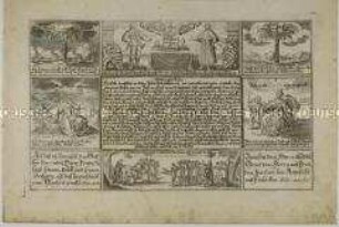 Faltbrief mit 10 Text/Bildfeldern zum 200. Jahrestag der Augsburger Konfession (Vorderseite unten)
