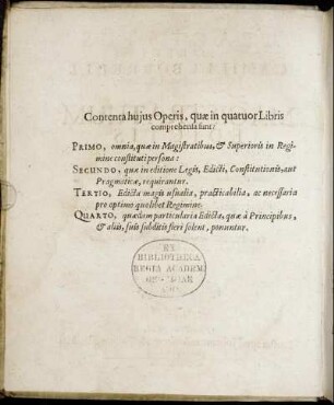 Contenta jujus Operis, quæ in quatuor Libris comprehensa sunt.