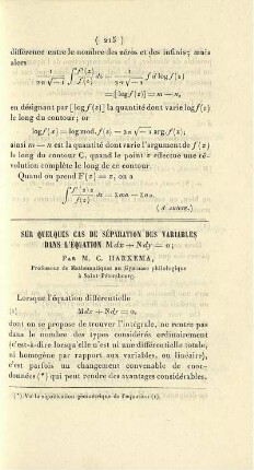 Sur quelques cas de séparation des variables dans l'équation Mdx + Ndy = o.