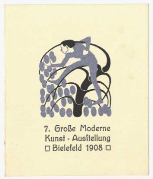 Eintrittskarte für die 7. Große Moderne Kunst-Ausstellung Bielefeld : Frauenfigur klettert tänzerisch durch einen stilisierten Baum und erntet Früchte; unter der Darstellung Text