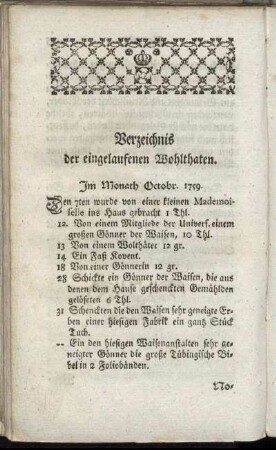 Verzeichnis der eingelaufenen Wohlthaten.