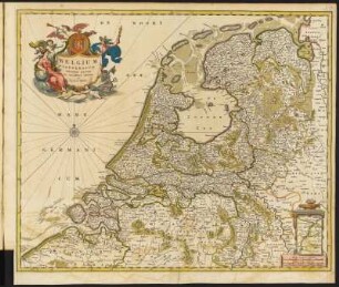 Karte der Niederlande, 1: 620 000, kolorierter Kupferstich, um 1650 : Belgium Foederatum : cum Privilegio Ordin. General. Belgii Foederati / emendatè auctum et novissimè editum, per Nicolaum Visscher . - [Ca. 1:620 000] / [Amsterdam], [ca. 1650]. - 1 Karte : Kupferst. ; 56,0 x 46,4 cm. - Maßstab in graph. Form (Milliaria Germanica communia, Milliaria Gallica communia). - Maßstab in graph. Form (Milliaria Germanica communia, Milliaria Gallica communia). - Mit 1 Wappen. - Mit 1 Nebenkt.: [Südlimburg]. - Titelkartusche oben links, Maßstabskartusche unten rechts. - Mit 32-teiliger Windrose