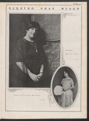 Nuestro gran mundo : [Retrato fotográfico de] Señorita María E. Pérez [y] Señorita Avelina Miguens - Fotografías de Witcomb