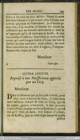 Lettre LXXXVIII. Response a une Notiffication apportee par un Cocq