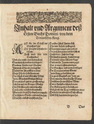 Inhalt und Argument deß Ersten Buchs Homeri/ von dem Troianischen Krieg.