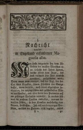 I. Nachricht von der in Engelland erfundenen Magnesia alba.