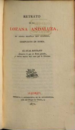 Retrato de la Lozana Andaluza : En lengua española muy clarísima, compuesto en Roma. ...