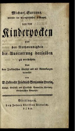 Michael Sarcone, Professor der Arzneygelahrtheit in Neapoli, von den Kinderpocken und der Nothwendigkeit die Ausrottung derselben zu versuchen