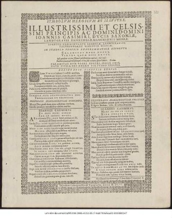 Symbolum Heroicum Et Illustre, Illustrissimi Et Celsissimi Principis Ac Domini, Domini Joannis Casimiri, Ducis Saxoniae, Landtgravii Thuringiae, Marchionis Misniae