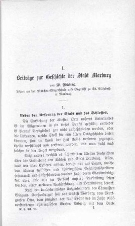 I. Beiträge zur Geschichte der Stadt Marburg