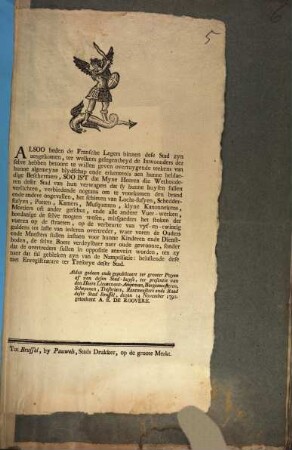 Alsoo heden de Fransche Legers binnen dese Stad zyn aengekomen, ... : 14 November 1792