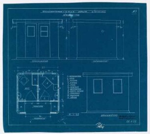 Tankstellen der Reichskraftsprit GmbH, Berlin: Grundriss, Ansichten Wärterhaus mittlerer Typ 1:20