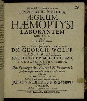 Disputatio Medica, Aegrum Haemoptysi Laborantem Exhibens