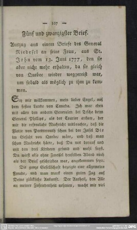 Fünf und zwanzigster Brief. Auszug aus einem Briefe des General Riedesel an seine Frau, aus St. John vom 13. Juni 1777, den sie aber nicht mehr erhalten, da sie gleich von Quebec wieder weggereist war, um sobald als möglich zu ihm zu kommen