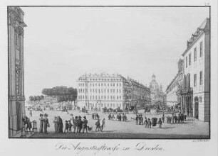 Schloßplatz : Dresden, Schloßplatz mit Treppe zur Brühlschen Terrasse, Fürstenbergschem Haus und Augustusstraße. Kolorierter Stich von J.C.A. Richter, um 1820.