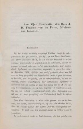 Aan Zijne Excellentie, den heer J. D. Fransen van de Putte, Minister van Kolonien