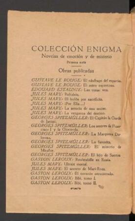 Colección Enigma : Novelas de emoción y de misterio - Primera serie - Obras publicadas