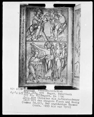 Sogenanntes Gebetbuch der heiligen Hildegard — Bildseite mit zwei halbseitigen Miniaturen, Folio 65verso