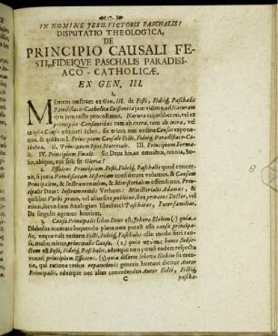 Disputatio Theologica, De Principio Causali Festi, Fideique Paschalis Paradisaco-Catholicæ. Ex Gen. III.