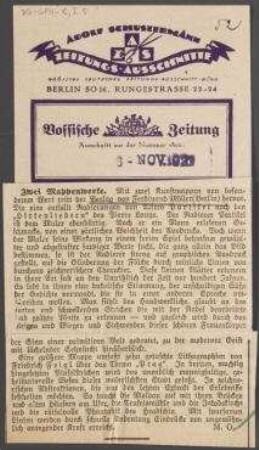 Vossische Zeitung, Ausschnitt "Zwei Mappenwerke". in Archivalien-Mappe: Verlag Ferdinand Möller (BG-KA-N/F.Möller-2-M2)