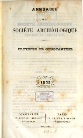 Annuaire de la Société Archéologique de la Province de Constantine. 1853
