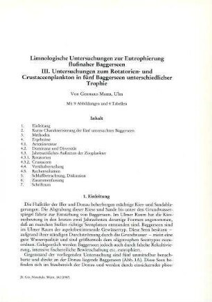 Limnologische Untersuchungen zur Eutrophierung flußnaher Baggerseen. III. Untersuchungen zum Rotatorien- und Crustaceenplankton in fünf Baggerseen unterschiedlicher Trophie